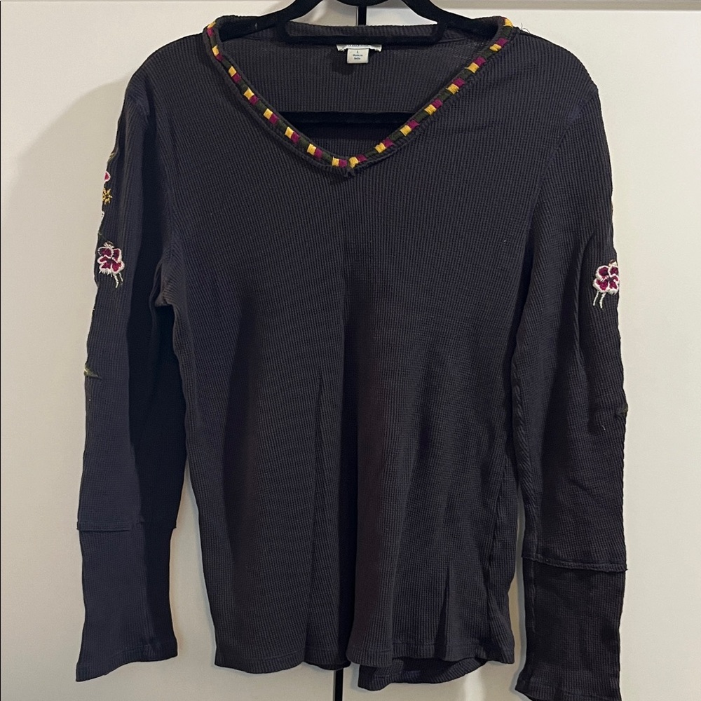 Sundance Charcoal Grey Long Sleeve Thermal Top with Colorful Embroidery